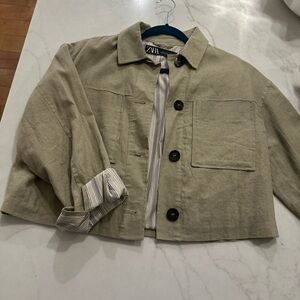 Zara Olive Green Cropped Linen Jacket